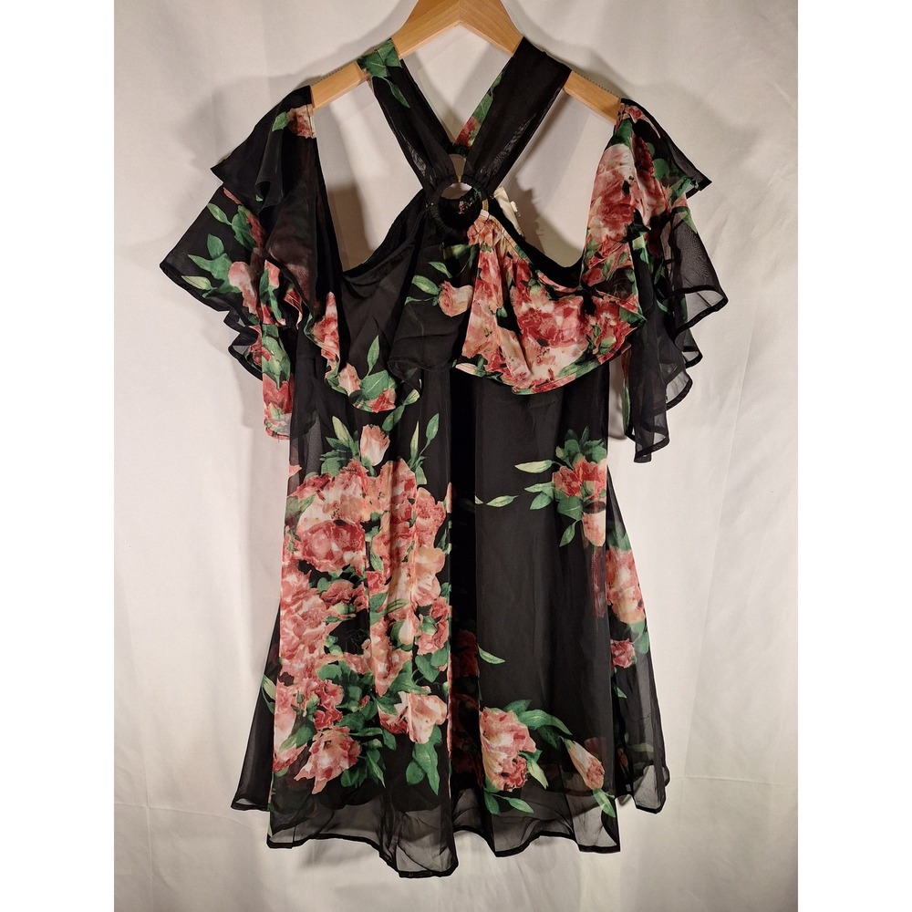 Entro Black Floral Ruffle Cold Shoulder Halter Mini Dress Womens Medium NWT